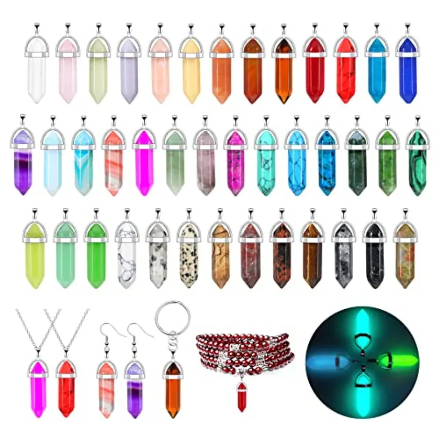 

40Pcs Healing Crystal Pendants, Glow in the Dark Gemstone Charm, Hexagonal Chakra, Natural Quartz Stone, Necklace Pendants for