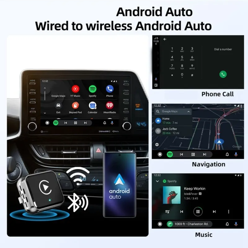 A02Q-Plug& Play 4-In-1 Mini Wireless Carplay& Android Auto Adapter Converter, 5.8Ghz Stable Wireless Connectivity