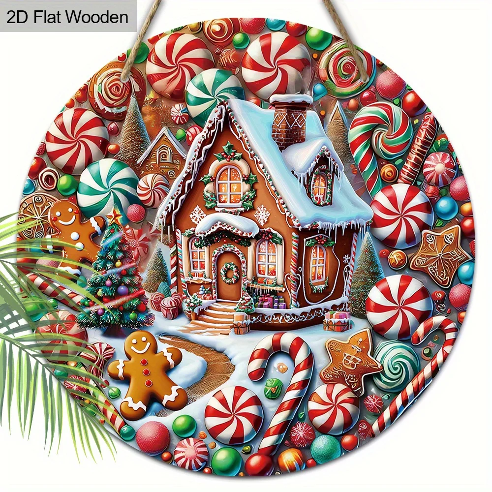 2D Flat - A 2D Flat Wooden Sign Featuring a Merry Christmas Gingerbread House Logo, Designed for Decoration on Front Doors Or Wa
