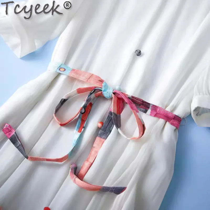 Tcyeek-Vestido blanco de seda de morera para Mujer, traje elegante de hada a la moda, para playa y verano, 100%, 2024