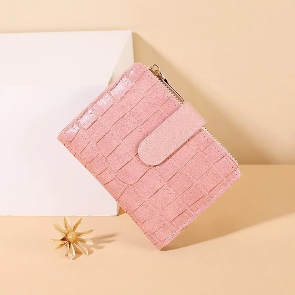 Minimalist Crocodile Embossed Short Wallet Snap-Fastener With ID Window Bifold Wallet Ultra-Thin Solid Color Card Holder Student