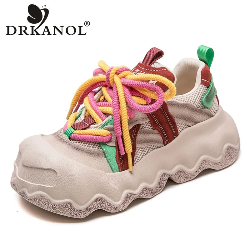 

DRKANOL Women Chunky Platform Shoes Mixed Colors Genuine Leather Air Mesh Breathable Thick Bottom Lace-Up Trend Casual Shoes