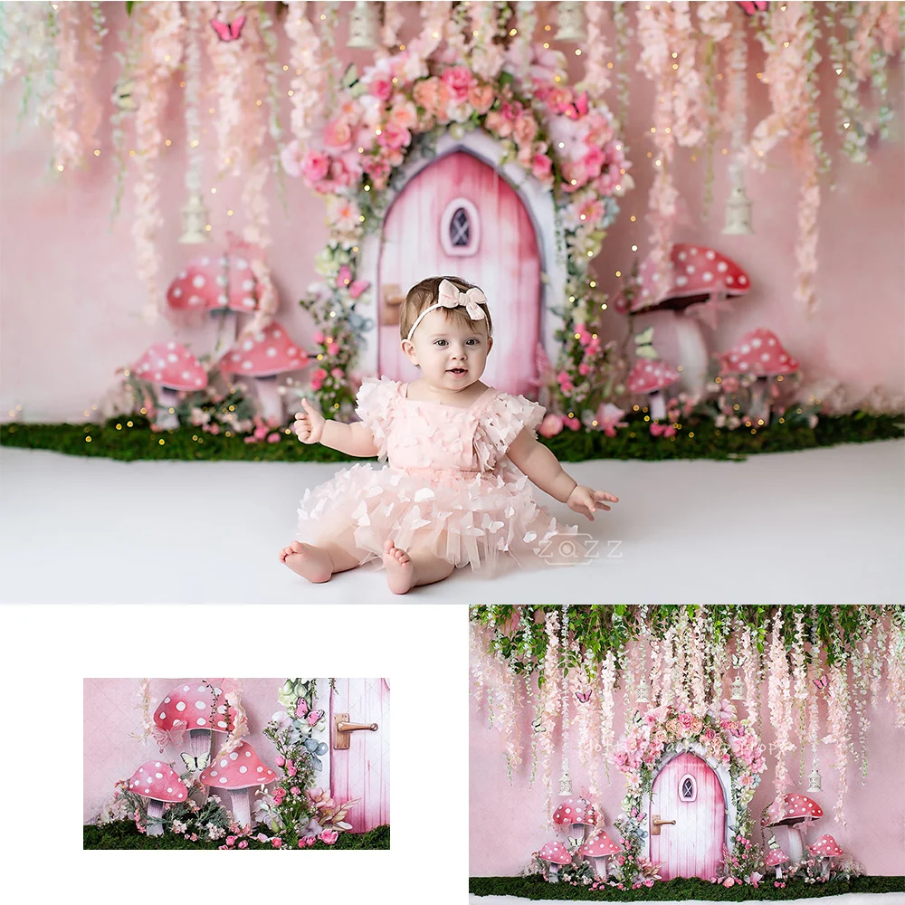 Floral Fairy Door Backdrops Kids Girl Photography Child Baby Spring Garden Butterfly Mushroom Photocall Backgrounds