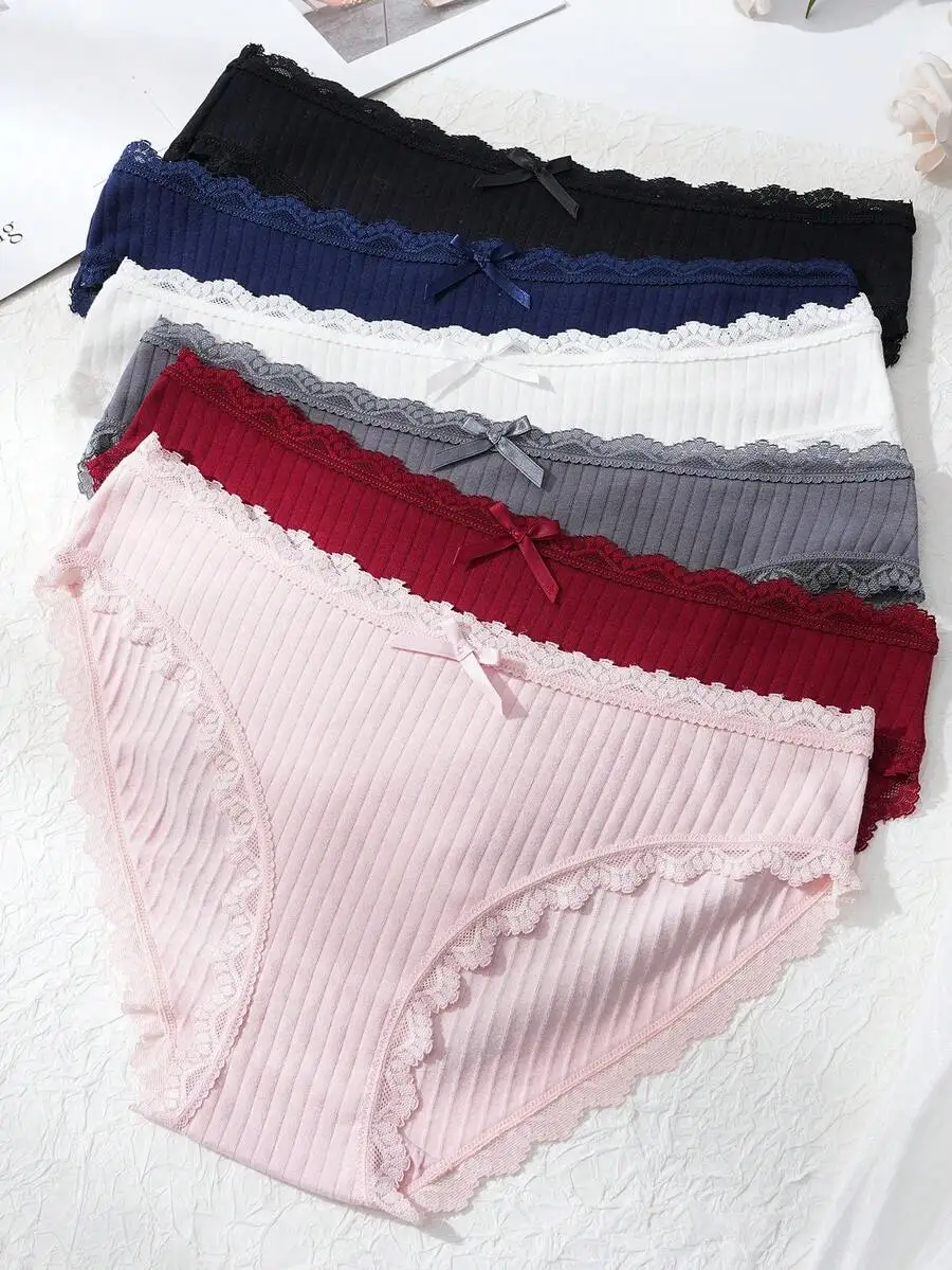 

6 Pack Women Cotton Briefs Bikini Underwear Soft Low Waist Panties With Lace And Bow S-XXL