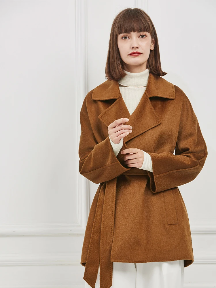 high-end water rippled short double-sided cashmere wool coat women\'s small autumn winter coat caramel color 100% cashmere