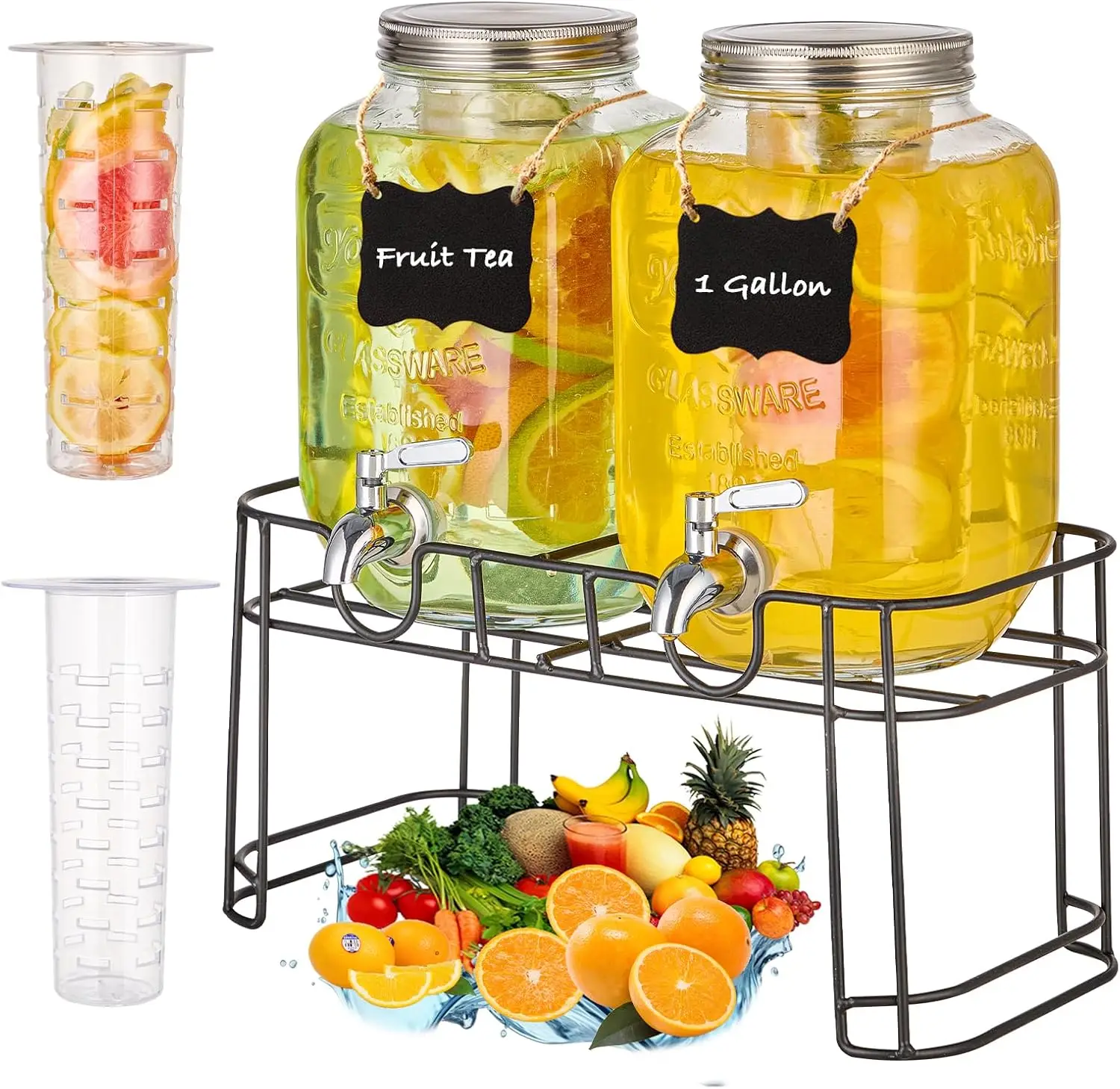 

1 Gallon Glass Drink Dispenser for Parties, 2-Pack with Stand, Fruit Infuser, and Stainless Steel Spigot, Leakproof for Lemonade