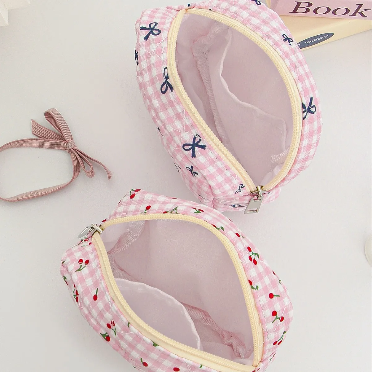 Bow Plaid Makeup Pouch for Women Napkin Sanitary Pad Storage Bag Organizer Pouch for Tampon lipstick Female Cosmetic Bags