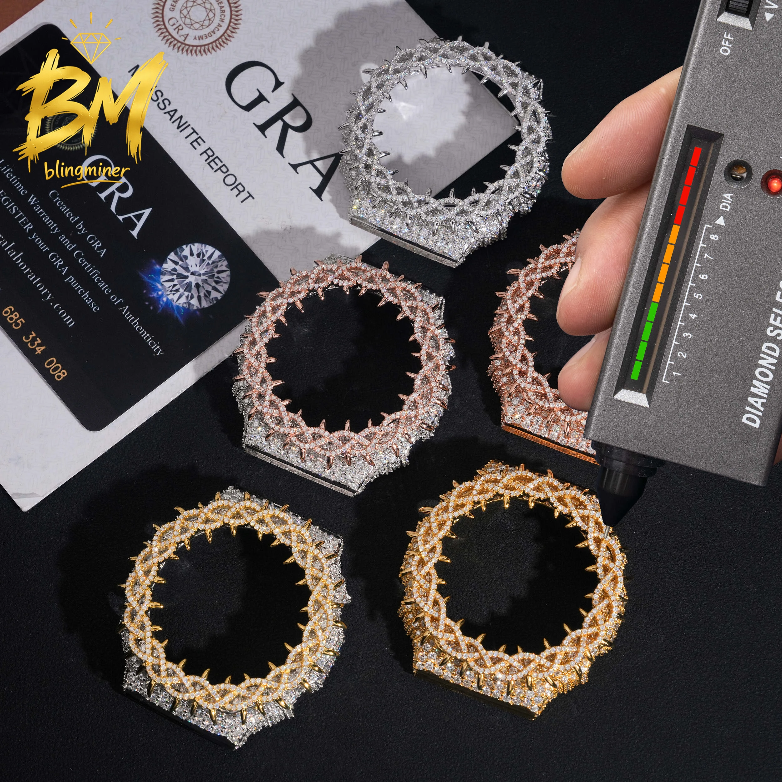 Blingminer CAS** GA2100 VVS Moissanite Watch Case  Brass Can Pass Diamonds Tester With GRA Wrist Diamonds Case Free Shipping