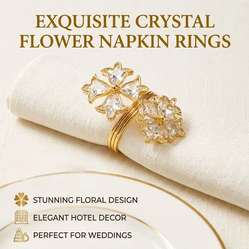 Exquisite Crystal Five-Petal Napkin Ring Holder, Ideal for Wedding Receptions, Hotel Buffet Tables, and Anniversary Dinners.