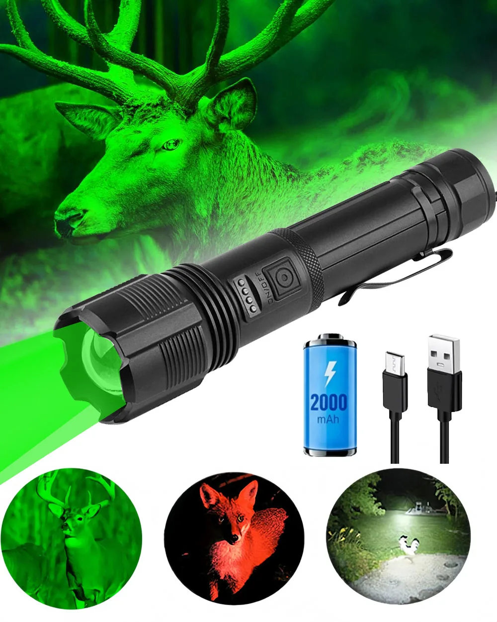 TOPCOM Green Red Hunting Flashlight USB Rechargeable 3LED 5W Powerful Tricolor Zoom Tactical Lantern with 18650 Battery