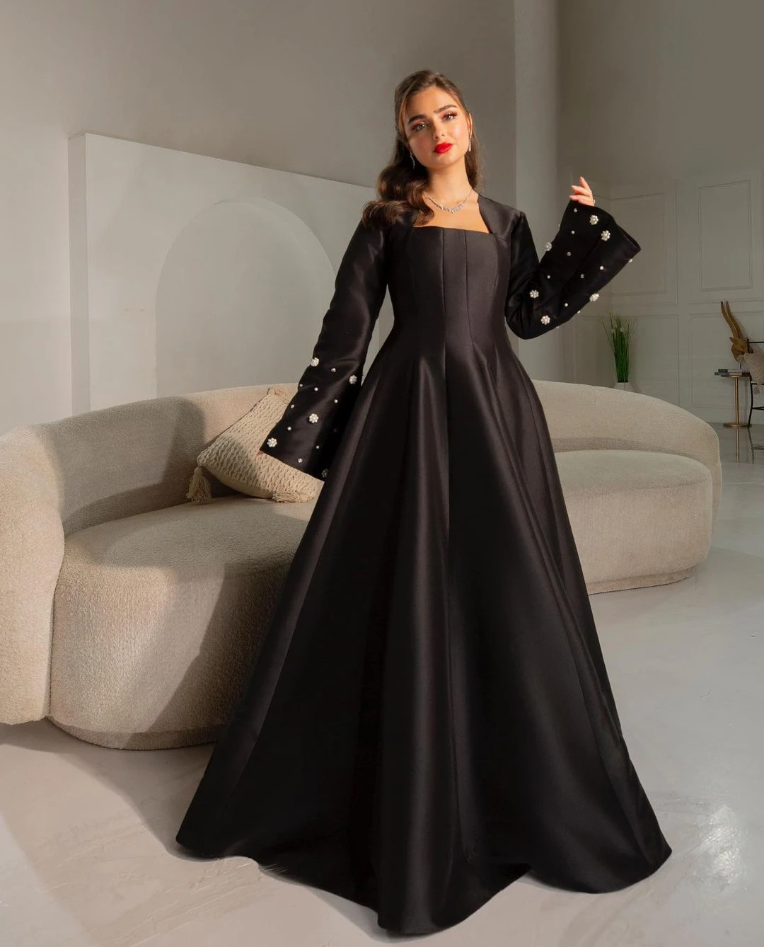 Asastationary-Robe de Rhen satin noir pour femme, manches longues, longueur au sol, élégante robe de soirée formelle, 2023