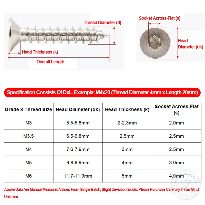 M3 M3.5 M4 M5 M6 Hex Socket Countersunk Self‑Tapping Screw Grade 8 Hardened Nickel‑Plated Carbon Steel Wood Screw Fastener