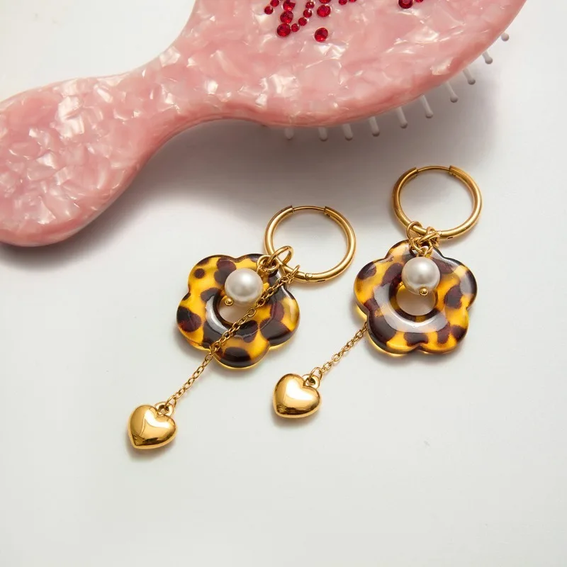 Minar New Vintage Acrylic Leopard Flower Heart Simulated Pearl Tassel Hoop Earrings for Women 18K Gold PVD Plated Titanium Steel