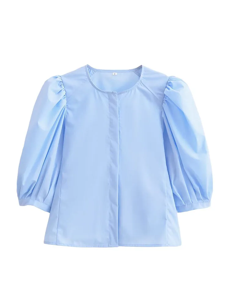 

2024 Summer New Arrivals Women's Vacation Style All-match Fashion Round Neck Puff Sleeve Slim Fit Hidden Button Short Shirt