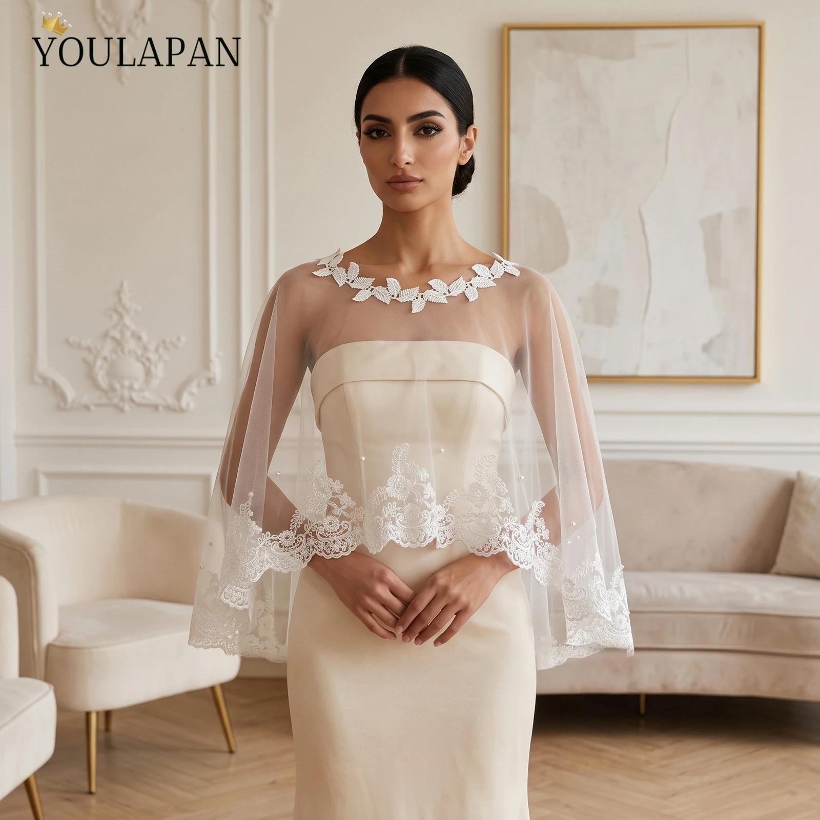 TOPQUEEN Embroidered Lace Edge Pearl Embellishment Bridal Shawl Wedding Accessories White Women Dinner Customized MG46