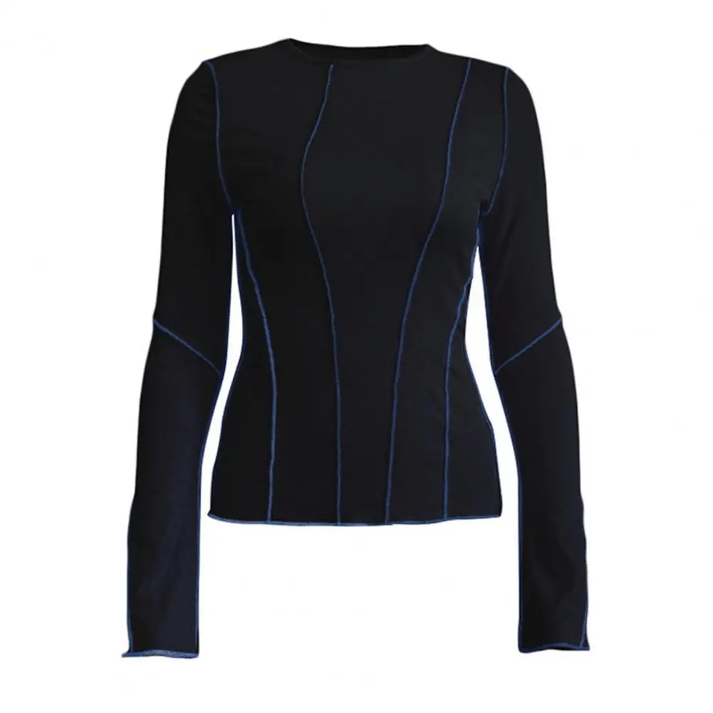 

Long Sleeve T-shirt Stylish Women's Long Sleeve Flared Sleeve T-shirt with Ribbed Detailing Slim Fit Round Neck for Daily