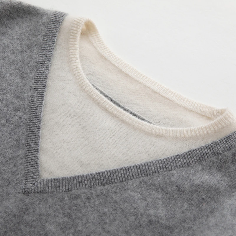 Damen-Pullover aus 100 % Kaschmir, rund, V-Ausschnitt, gefälschter zweiteiliger Farbblock-Pullover, Basic, weiche Kaschmir-Strickwaren, Herbst-Winter-Top