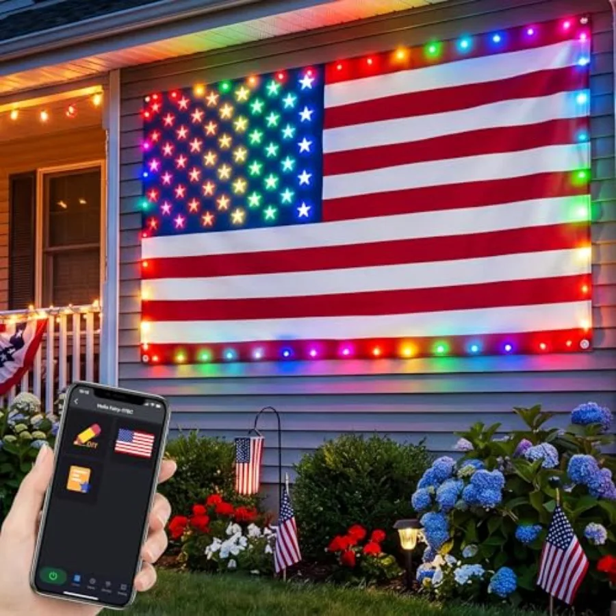 Smart Lighted American Flag 3x5 FT, App Control Flag 4th of July Decorations Lights DIY Color, Music Sync LED Light Up Patrioti
