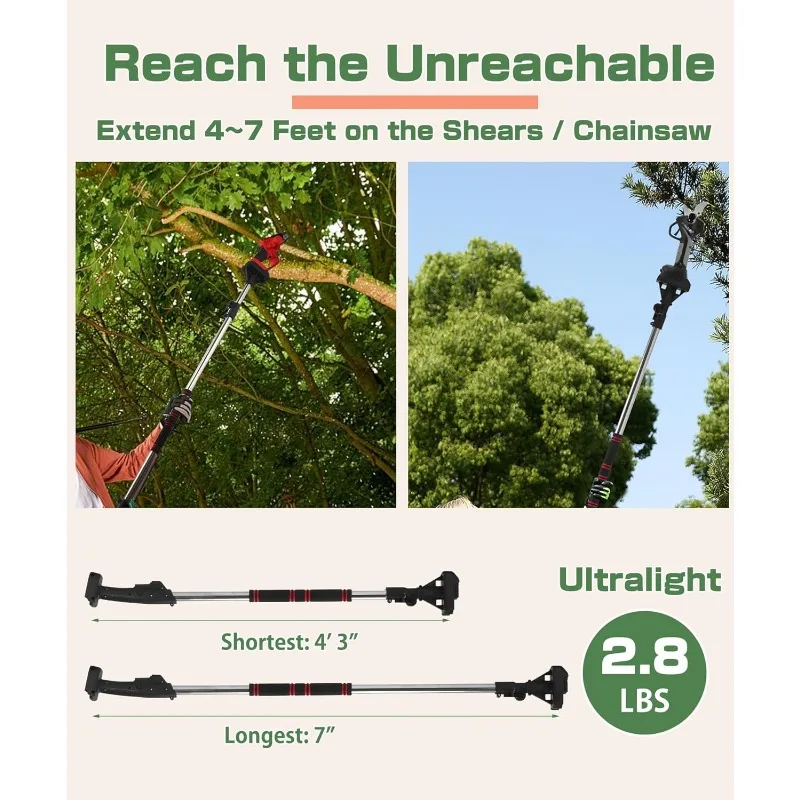 40 mm(1.6 in) Pruning Shears & 6 inches Mini Chainsaw, with Max 7 ft Extension Pole, 2 Pcs 4 Ah Batteries for Longer Pruning