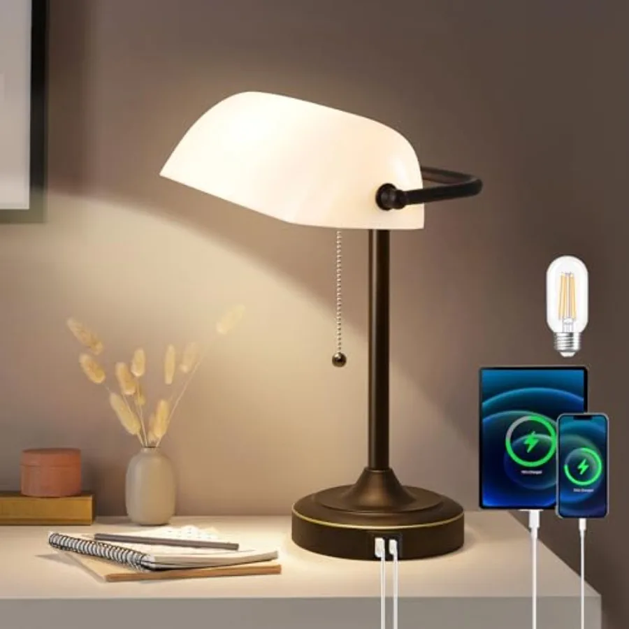 

Vintage Desk Lamp Bankers Lamp - Plastic Lampshade Retro Table Lamp with USB and Type C Charging Ports Traditional Library Lamp