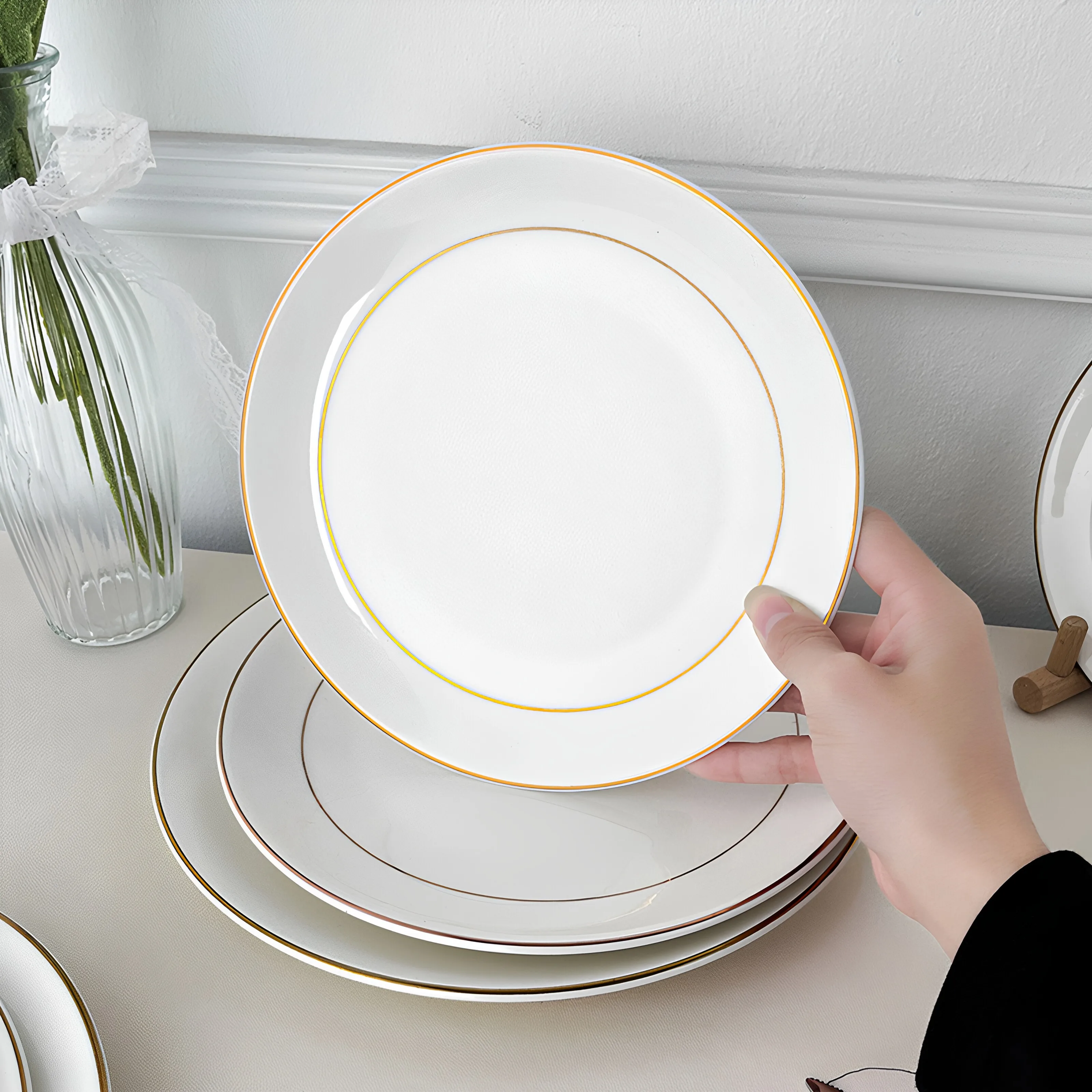 Double Gold Line Rim Ceramic Western Dinner Plates, Gold Trim Round Plates, Creative Tableware for Steak, Pasta & Breakfast