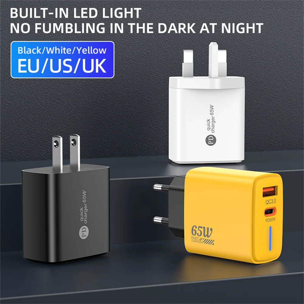 65W USB C Fast Charger Dual Port PD3.0 QC3.0 Wall Adapter EU UK US Plug for iPhone Samsung Xiaomi Laptop Travel Compact