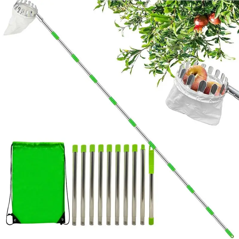 Garden Basket Fruit Picker Head with Telescopic Extendable Pole Fruit Picking Harvester Non-Slip Grip Handle High Altitude