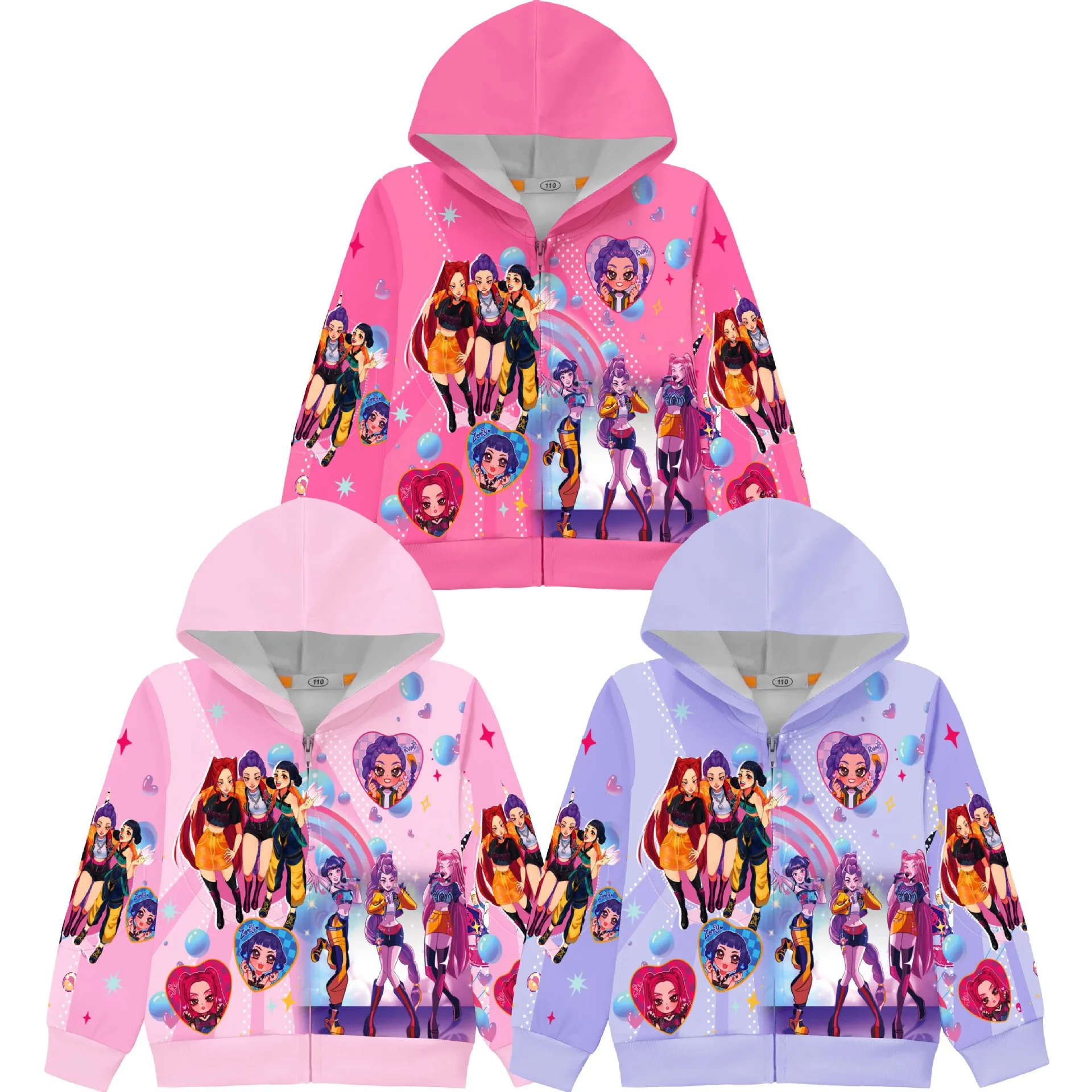 

K-POP Girl Band Print Zip-Up Hoodie-Trendy Unisex Kids' Pullover Jacket with Detachable Hood, Breathable Cotton Blend for Autumn