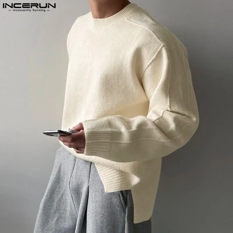 INCERUN Men Sweaters Solid Color Knitted O-neck Long Sleeve Streetwear Autumn Casual Pullovers 2024 Loose Fashion Men Clothing