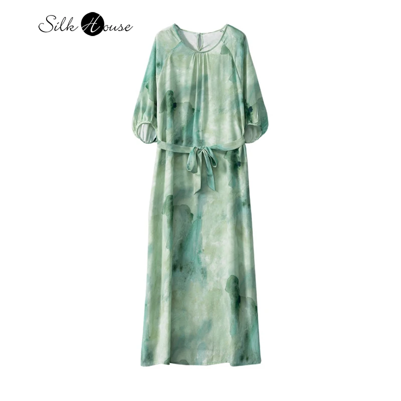 

Green Ink Painting 100% Natural Mulberry Silk Crepe De Chine A-line French Women's Nine Cent Lantern Sleeve Casual Dress