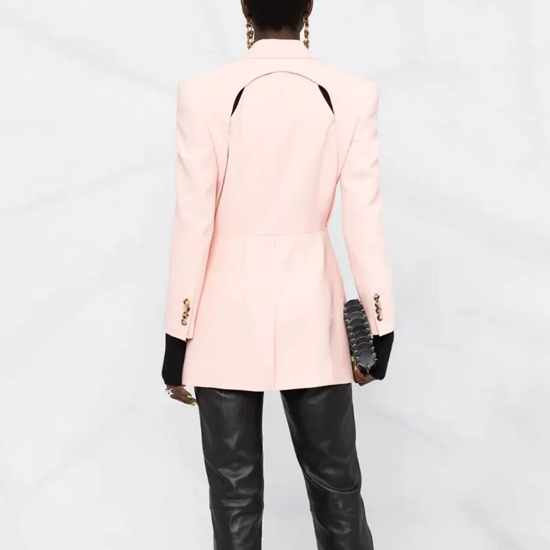 Cut-Out Splicing Women Suit Peak Lapels Tighten Waist Tops Elegant Pink Black One Button Long Sleeve Blazer New Arrival In Stock