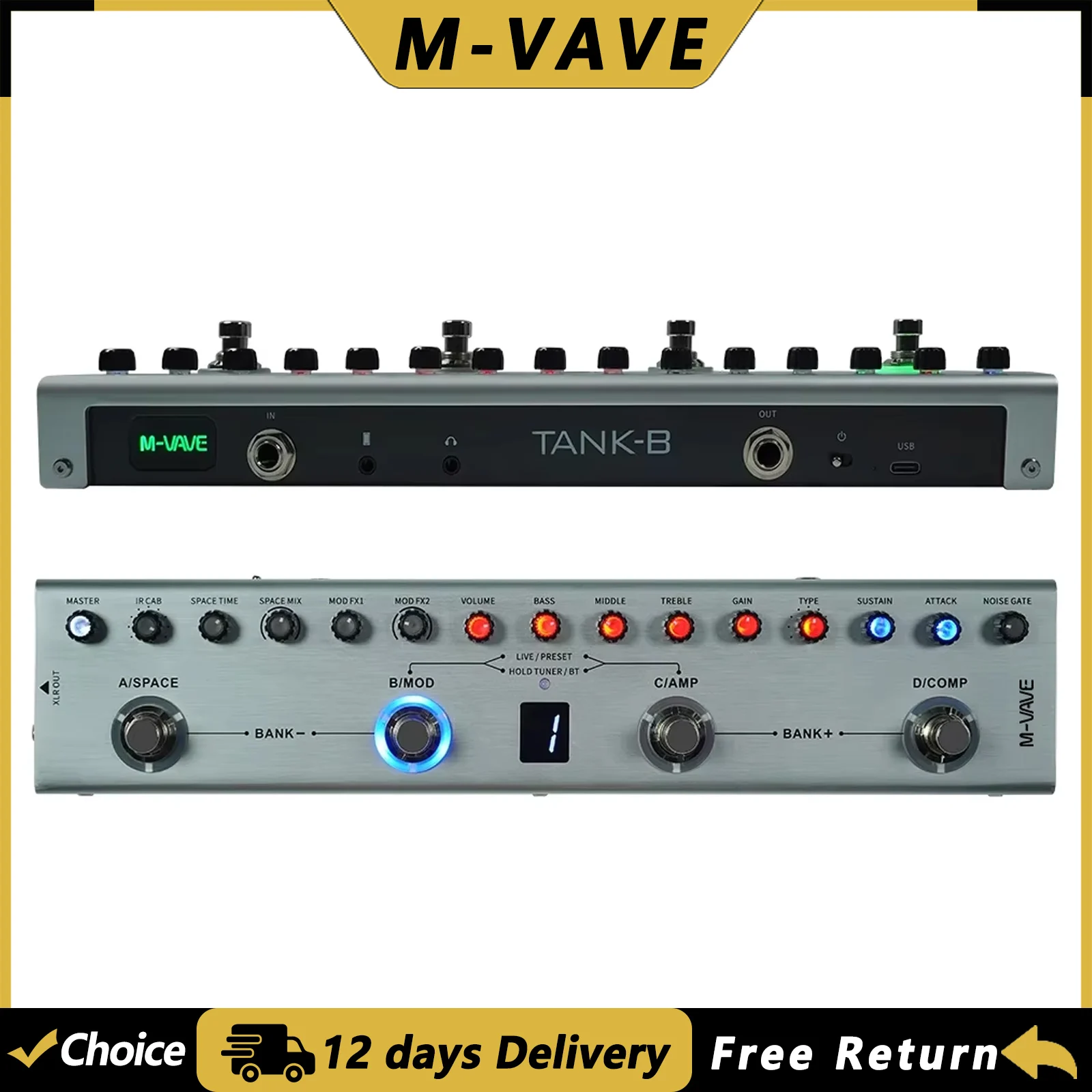 M-VAVE Tank-B Bass Guitar Multi-effects Pedal Rechargeable 36 Presets 3 Modulation/Delay/Reverb 8 IR Cab Slots 9 Preamp Slots