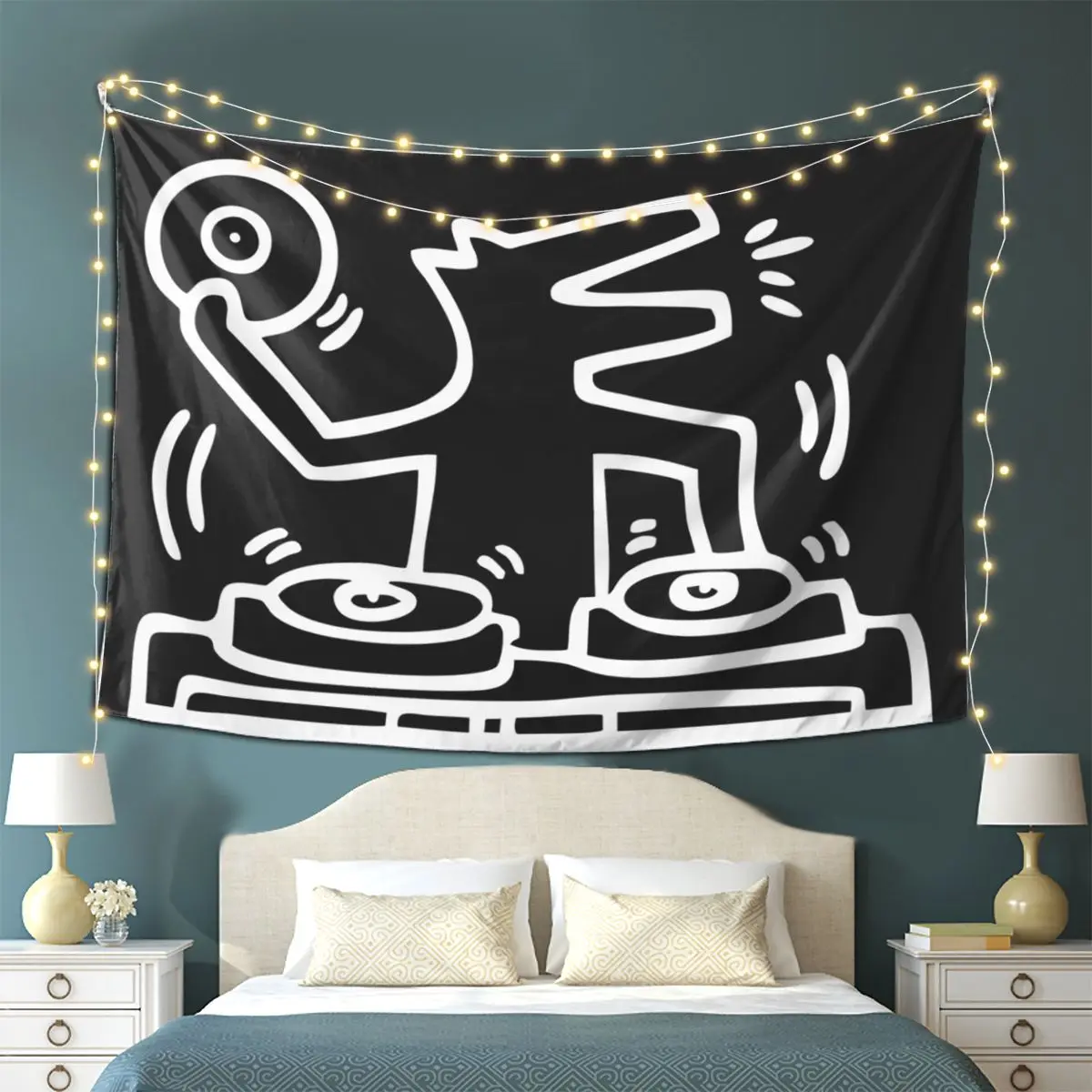 

Dj Dog Kieth Animal Haring White Tapestry Wall Hanging Aesthetic Home Decoration Tapestries for Living Room Bedroom