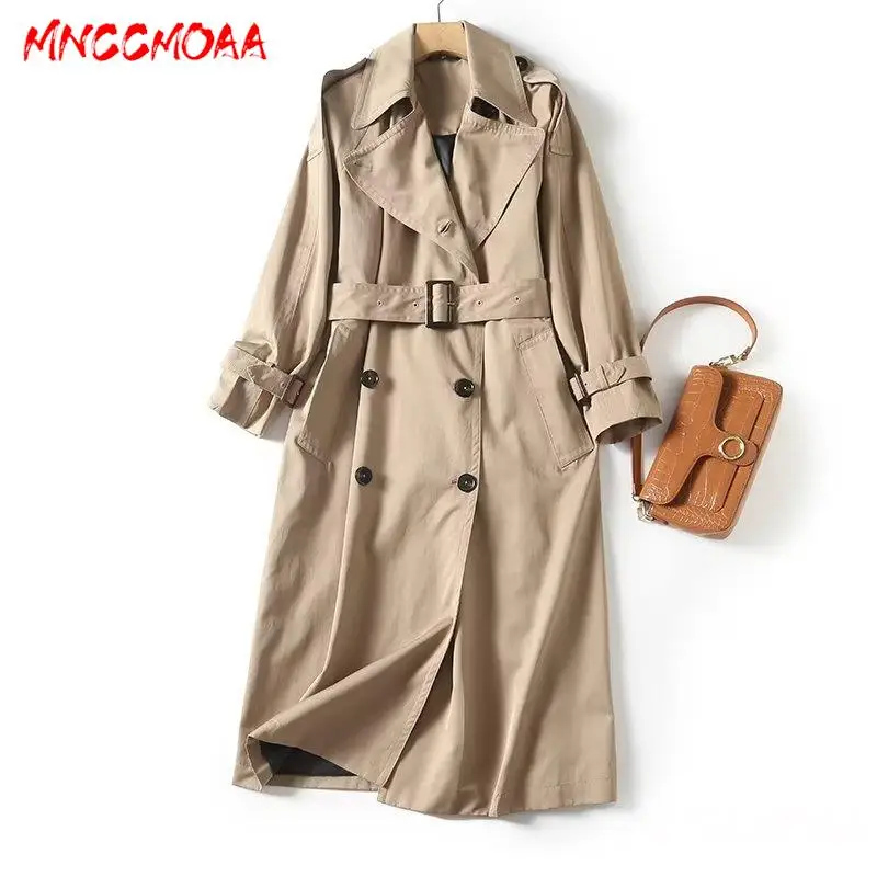 

MNCCMOAA-Women's Vintage Double Breasted Trench Coat with Belt, Long Sleeve Top, Casual Outerwear, Female Fashion, 2024