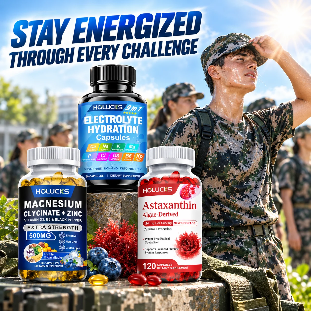 3-in-1 Active Capsules, Electrolyte Magnesium Glycinate Astaxanthin  Support Tiredness, Muscle, Nerve, Antioxidant Nourish Skin