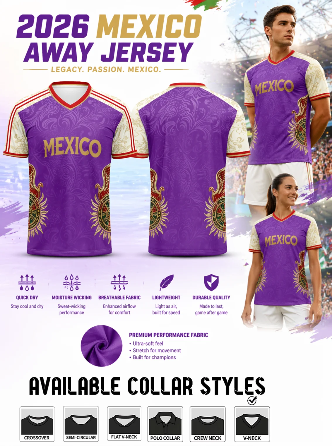 Stylish purple Mexico supporter jersey, six assorted collar styles to satisfy diverse matching needs