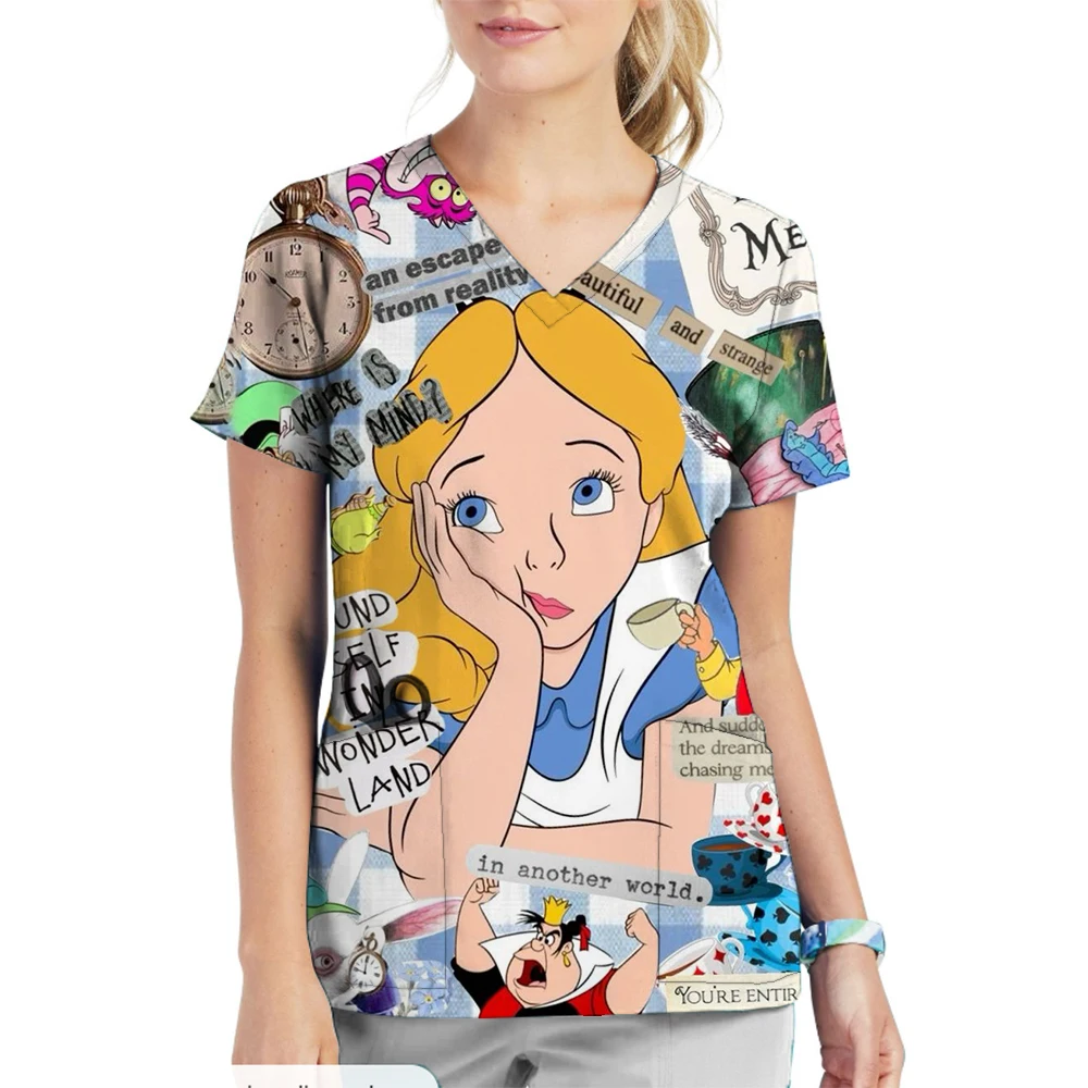 Disney Princess print Veterinary Dentist Scrubs Medical Uniforms Woman Tops Beauty Scrub Clothes Spa Nurse Medical Lab Medical