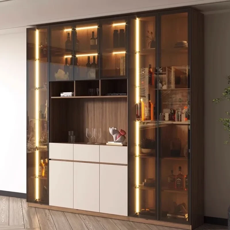 Wine cabinet, small unit living room, wall facing, solid wood and glass cabinet door, integrated storage, light luxury storage