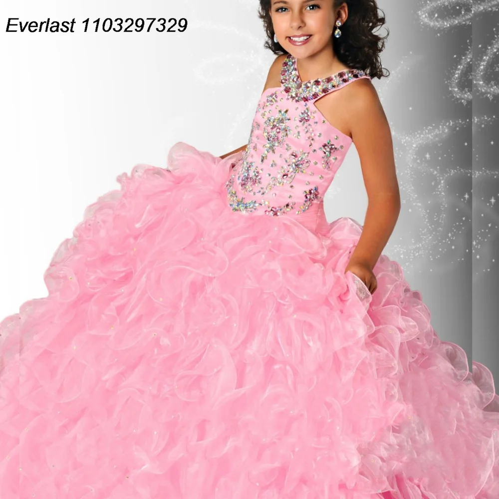 

EVLAS Customized Pink Flower Girl Dress for Weddings 2025 Halter Ruffles Beaded Pageant Gowns Holy First Communion Dress TFD165