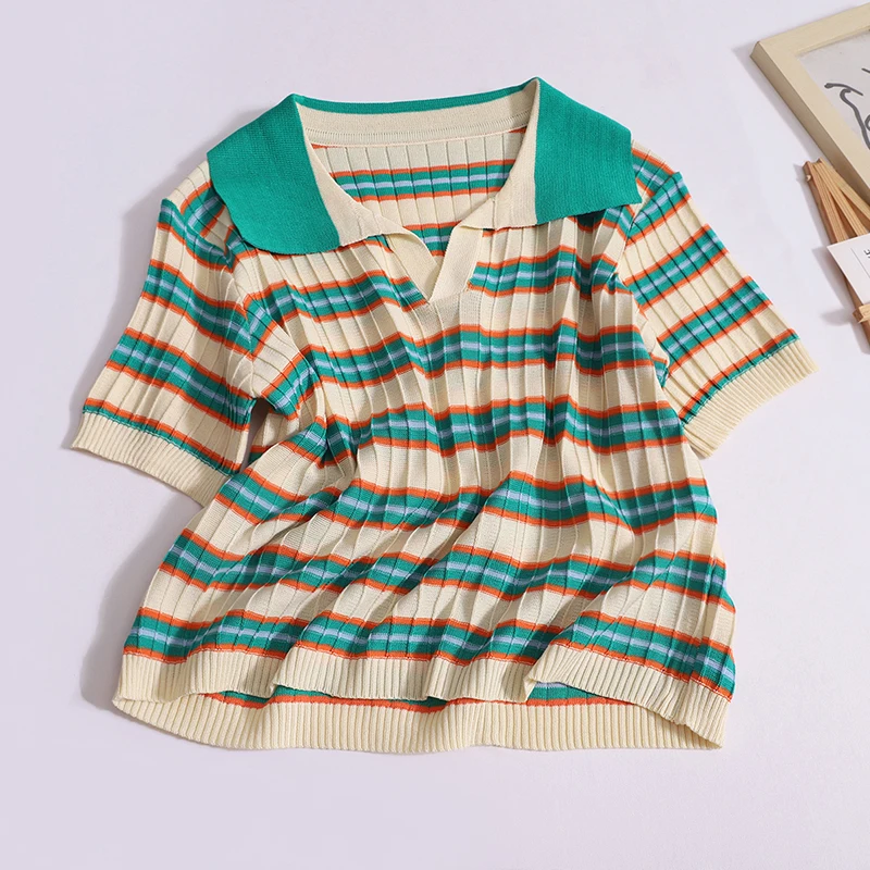 Women Summer Casual Green Striped T-shirt POLO Collar Thin Short Sleeved Crop Tops Vintage Loose Bottom Shirt Stretchy Knit Tees