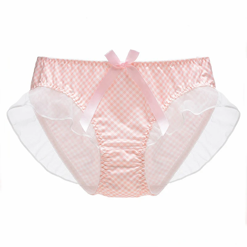 Women's Mid-rise Plaid Polka Dot Panties Ruffled Tulle Bow Cute Sweet Kawaii Milk Silk Underwear Lolita Princess Breathable