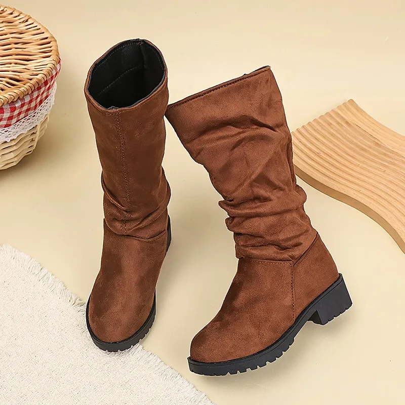 Kid's Suede High Top Boots for Autumn and Winter 2026 New Mid Size Children's Sleeve Fashionable Pleated Thick Soled Snow Boots
