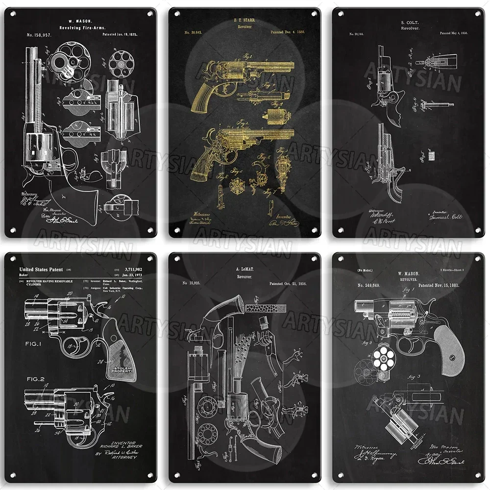 Revolver Patent Metal Sign Handgun Plaque Pistol Technical Drawing Poster C. Foehl E.T. Starr James Boland Whiting Samuel Colt