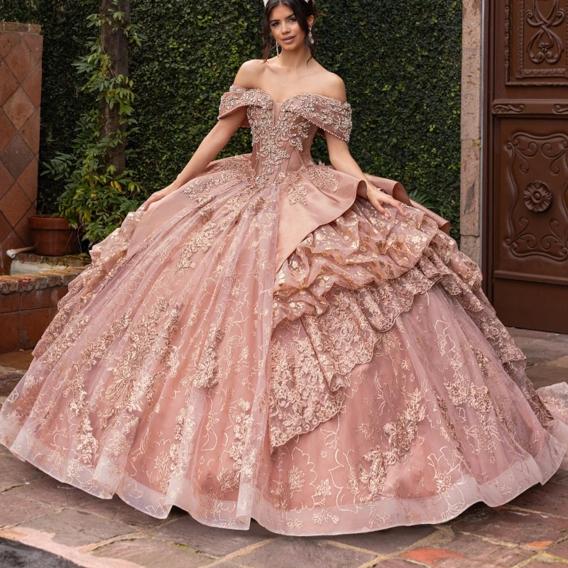 

Pink Shiny Quinceanera Dresses Ball Gown Off The Shoulder Applique Lace Beading Crystal Tull Sweet 16 Dress Vestidos 15 De Anos