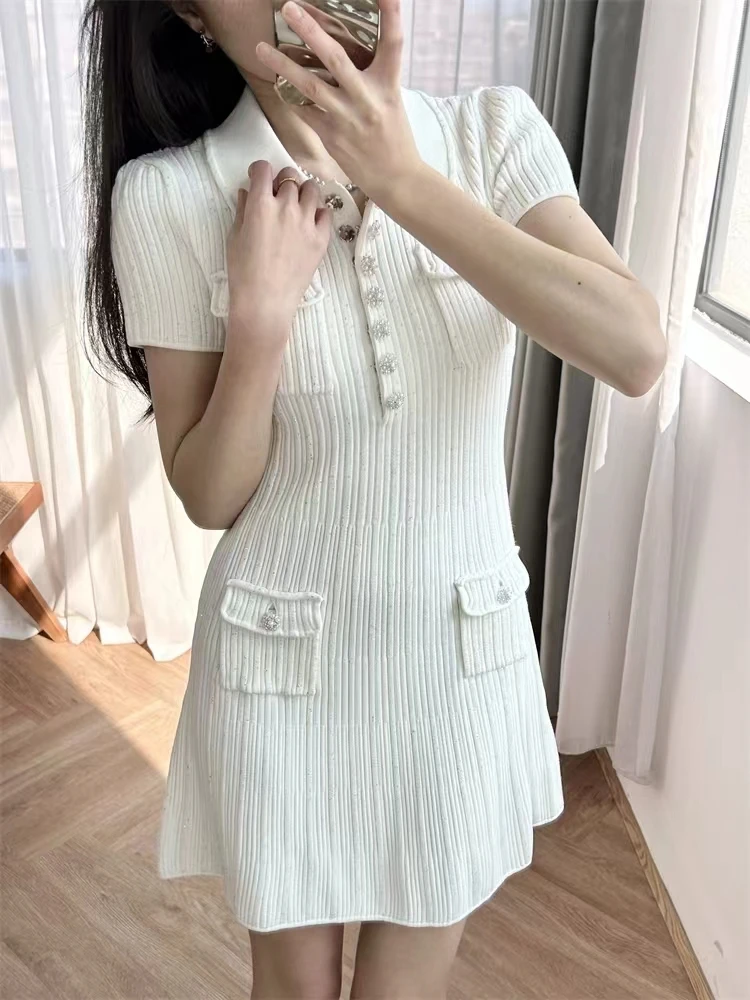 Traffic official store 2024 Early Spring Haze Blue Exquisite Rib Stretch Pattern Knitted Drill Buckle Lapel Short Sleeve Dress