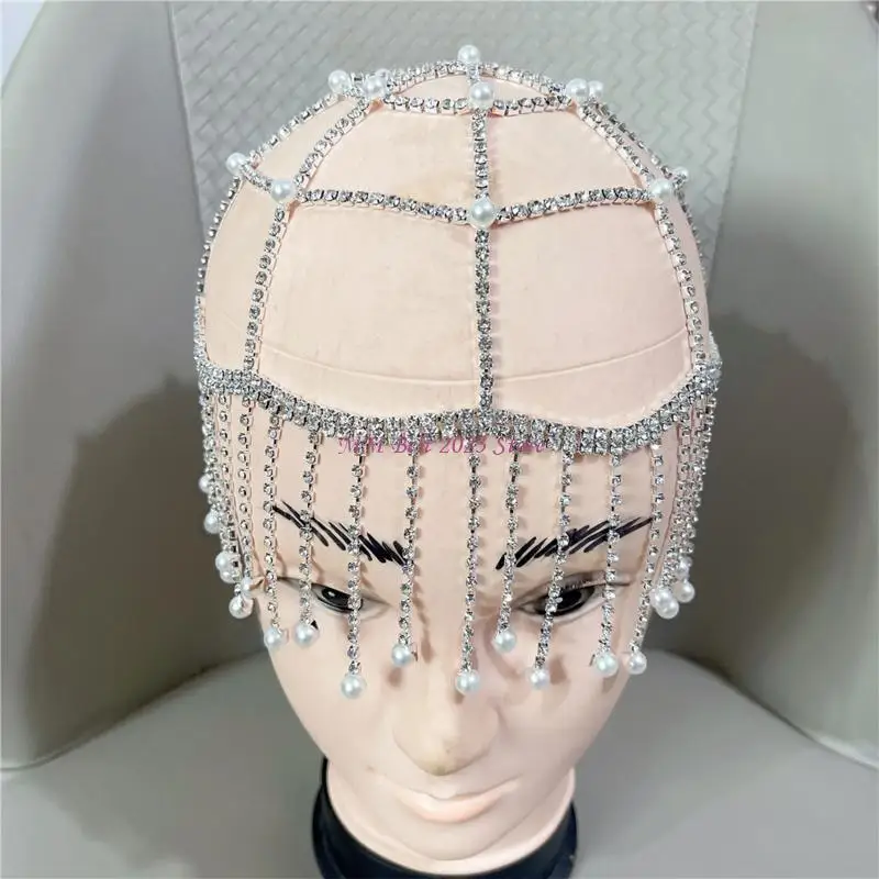 49ME Perla cristallo per catene per testa Copricapo Festival Costume Holloween Accessori per capelli con nappe da sposa e