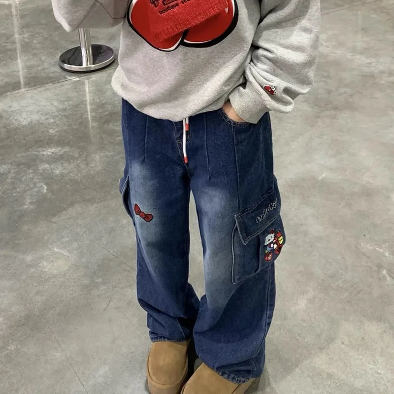 

Sanrio Hello Kitty Cute Cartoon Embroidery Straight Tube Jeans American Style Trend Loose Jeans Women's Side Pocket Floor Pants