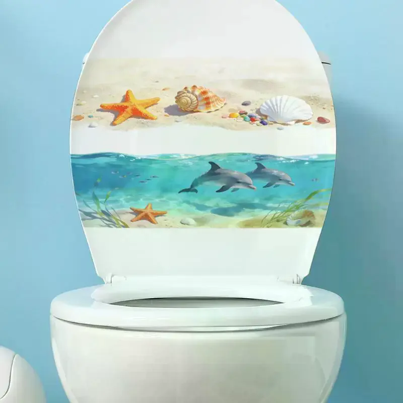 3D Beach Themed Toilet Sticker Waterproof Anti Slip Realistic Ocean Wave Print Bathroom Floor Decal
