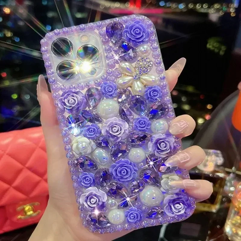 Handmade Rhinestone Phone Case For Samsung Galaxy S24 S10 S20 Plus S21 FE S22 23Ultra Note20 10 Cover Flowers Telefon Celular