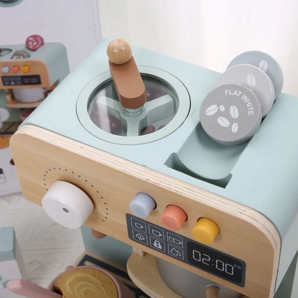 Juego de cocina de madera para juegos de imitación para niños, máquina de café simulada y accesorios para juegos de rol de té de la tarde